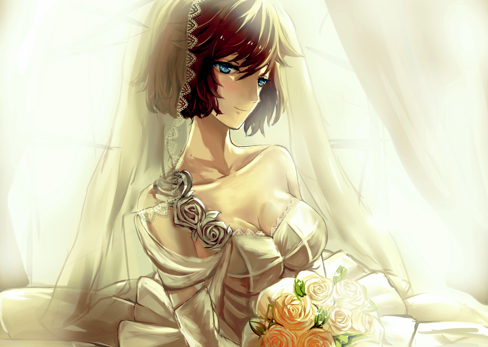 1girl, bare_shoulders, bismarck_(zhan_jian_shao_nyu), blue_eyes, blush, bouquet, breasts, bridal_veil