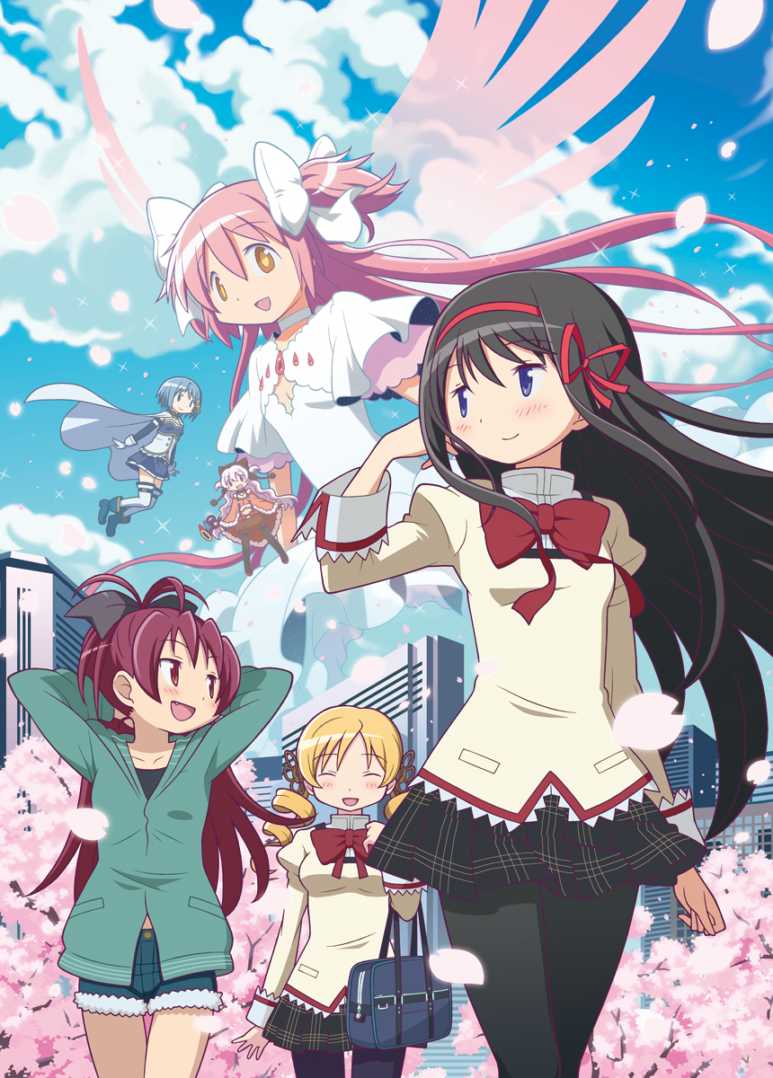 6+girls, :d, ^_^, akemi_homura, bag, black_hair, black_legwear, blonde_hair