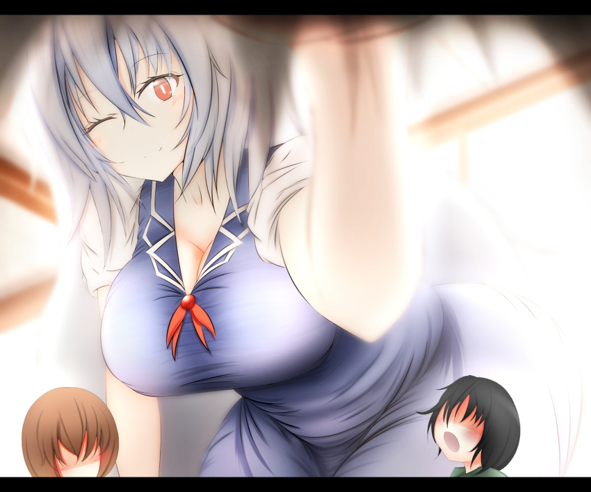 1girl, belly, black_hair, blue_hair, brown_hair, giantess, highres, kamishirasawa_keine