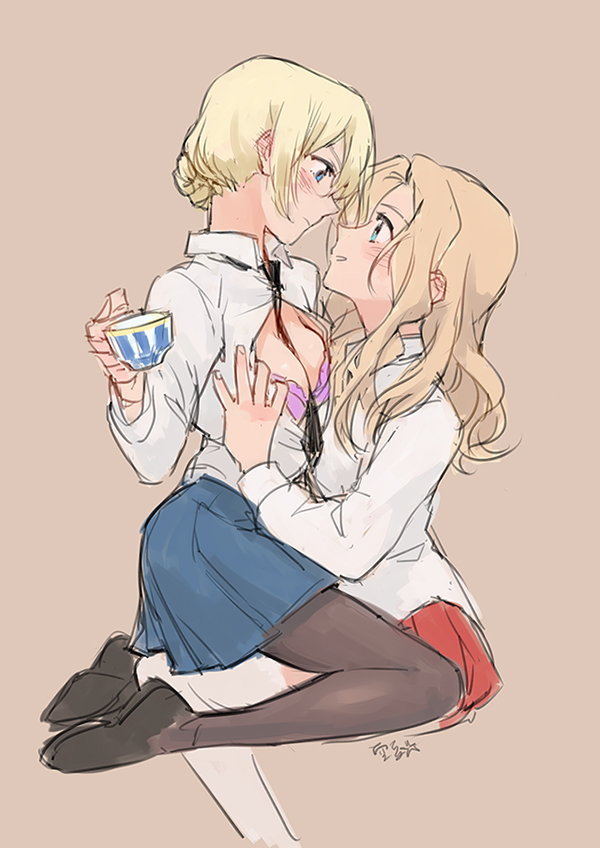 2girls, between_breasts, black_legwear, blonde_hair, blouse, blue_eyes, blue_skirt, blush