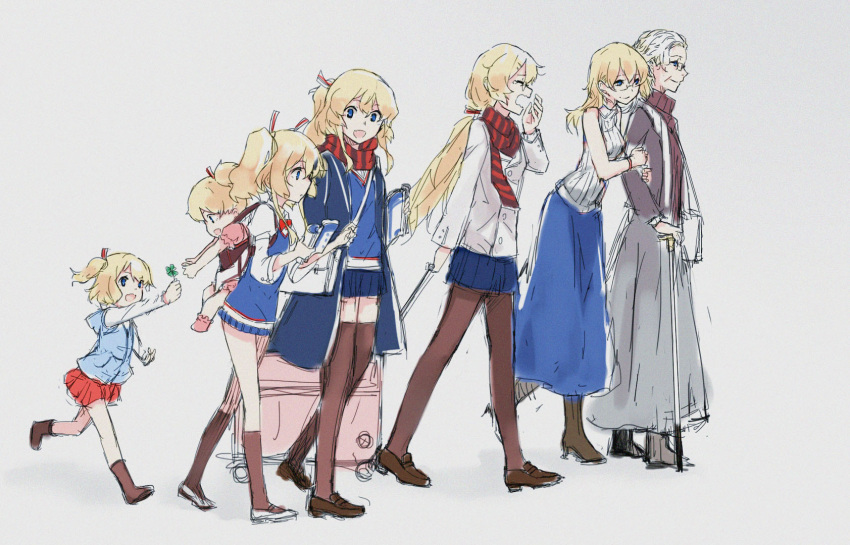 1girl, :d, age_comparison, age_progression, arm_holding, baby, bag, bare_legs