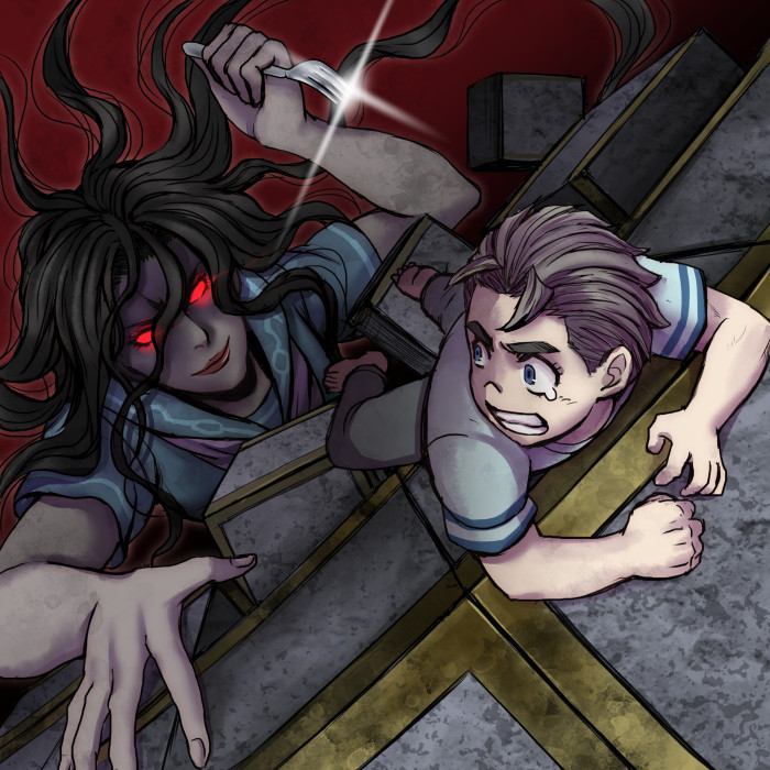 1boy, 1girl, barefoot, black_hair, blue_eyes, catherine_(game), clenched_teeth, cliff