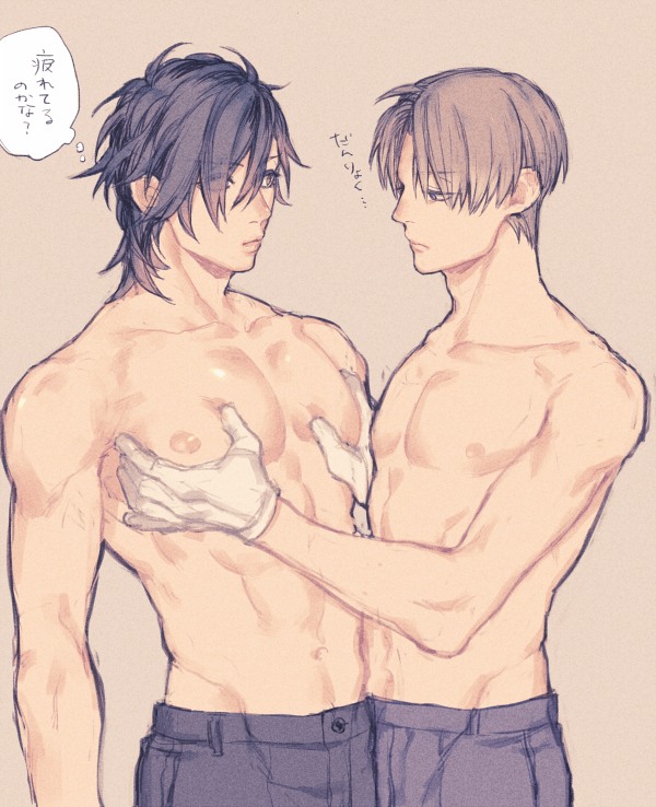 2boys, blue_hair, breast_grab, brown_hair, dethmath, gloves, grabbing, groping, hair_over_one_eye, heshikiri_hasebe, looking_at_another, looking_down, male_focus, multiple_boys, navel, nipples, shirtless, shokudaikiri_mitsutada, simple_background, topless, touken_ranbu, translation_request, white_gloves