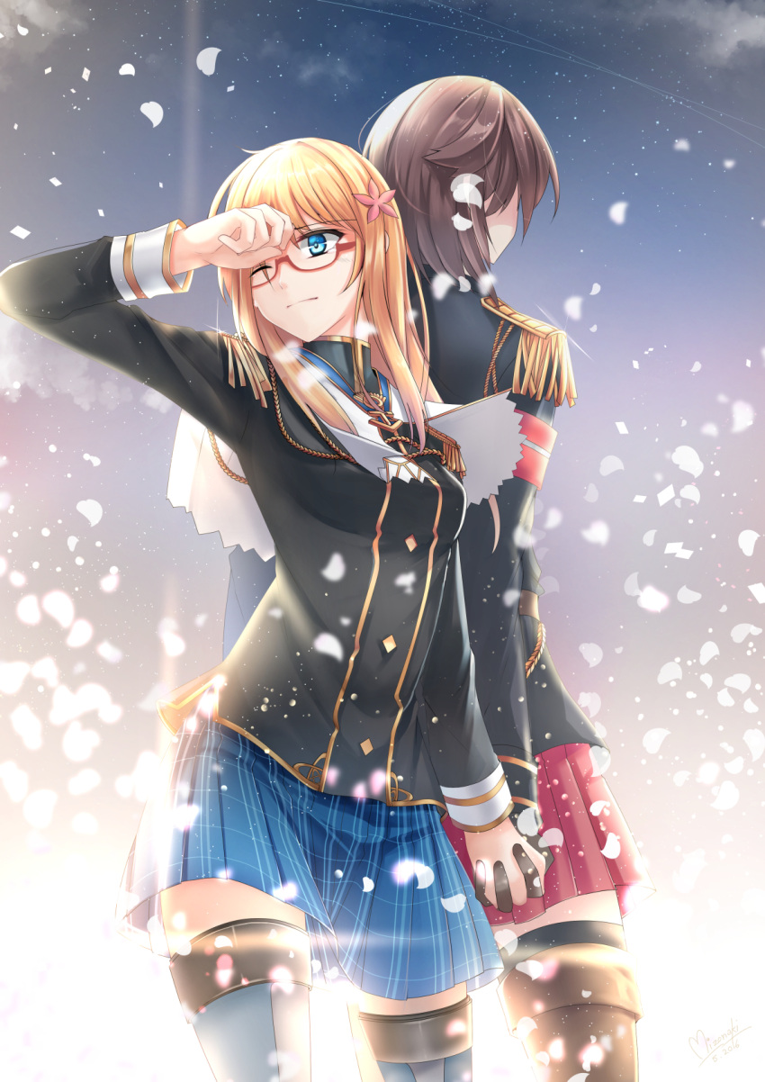 2girls, alternate_costume, bismarck_(zhan_jian_shao_nyu), blonde_hair, blue_eyes, blue_skirt, brown_hair, cherry_blossoms