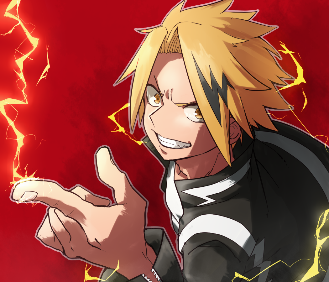 blonde_hair, boku_no_hero_academia, dutch_angle, electricity, fang, gradient, gradient_background, grin