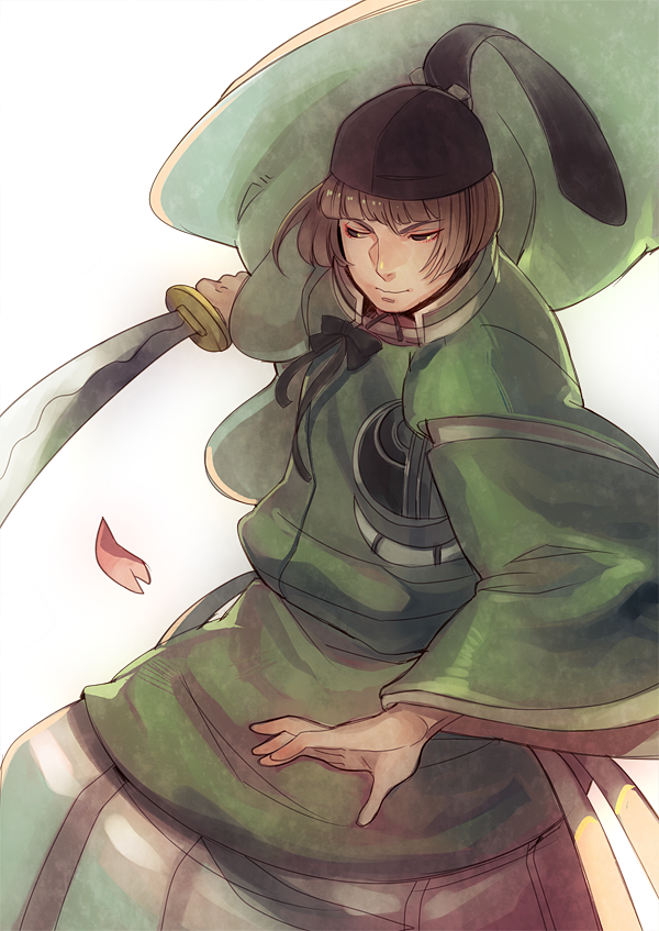 1boy, bangs, blunt_bangs, bob_cut, brown_hair, cowboy_shot, fighting_stance, hakama