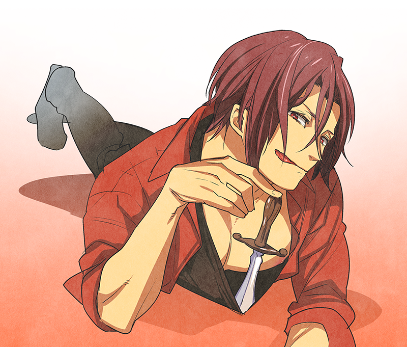 1boy, dagger, free!, gradient, gradient_background, jacket, leg_lift, licking_lips