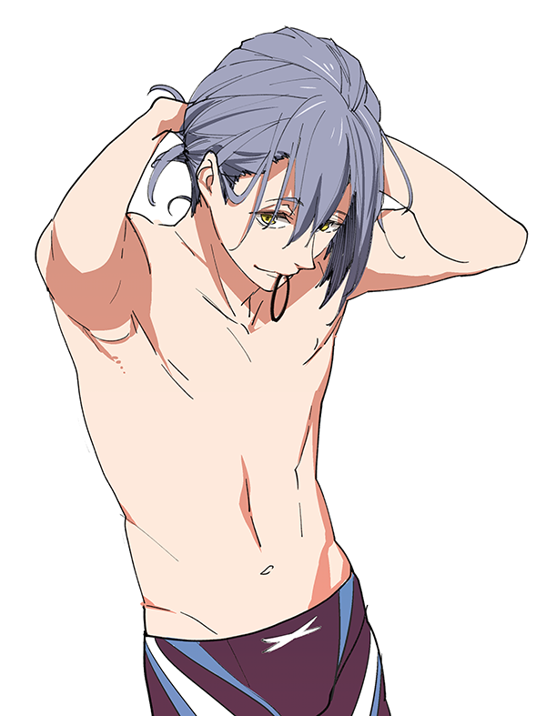 1boy, adjusting_hair, grey_hair, groin, high_speed!, looking_at_viewer, male_focus, male_swimwear, megumi-square, navel, older, rubber_band, serizawa_nao, simple_background, smile, solo, swimwear, tying_hair, white_background, yellow_eyes