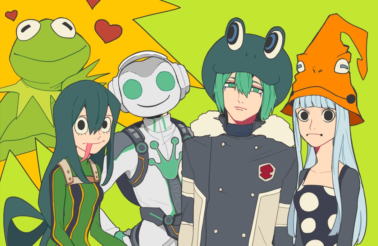 2girls, 3boys, alternate_costume, animal_connection, animal_costume, asui_tsuyu, black_hair, blue_hair, boku_no_hero_academia, breasts, eruka_frog, fran_(reborn), frog, frog_costume, frog_eyes, frog_girl, green_eyes, hat, headphones, heart, hu_(saimens), katekyo_hitman_reborn, kermit_the_frog, long_hair, looking_at_viewer, lucio_(overwatch), multiple_boys, multiple_girls, muppets, overwatch, short_hair, soul_eater, the_muppet_show, tongue, tongue_out, trait_connection