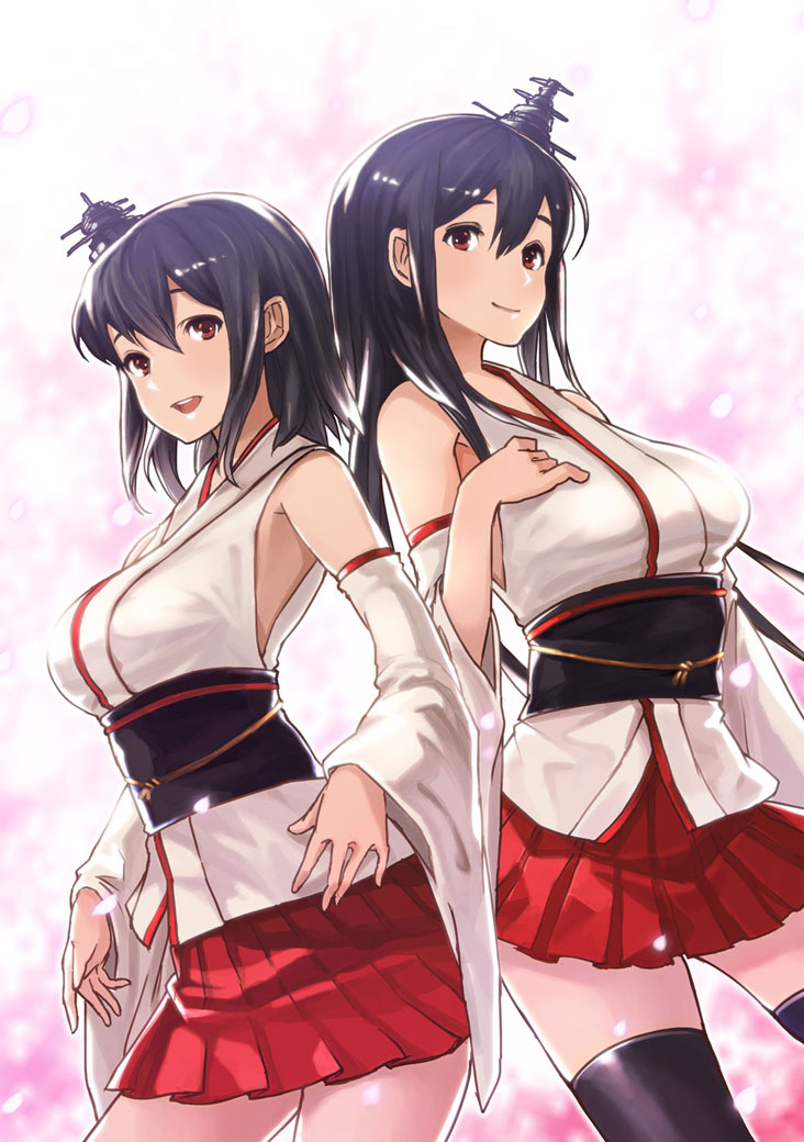 2girls, :d, black_hair, black_legwear, breasts, cherry_blossoms, cowboy_shot, detached_sleeves