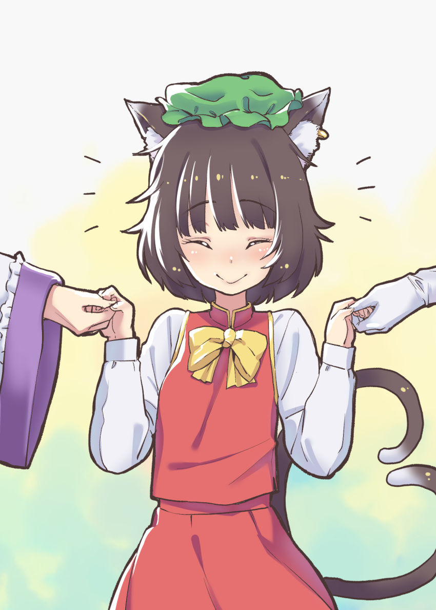 :>, animal_ears, cat_ears, cat_tail, chen, chimosaku, gloves, hand_holding