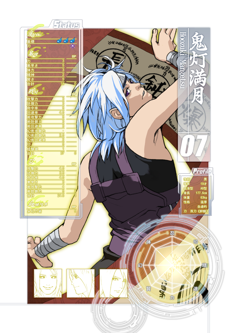 1boy, back, bandage, forehead_protector, highres, hoozuki_mangetsu, k_(mns-law6), male_focus, naruto, naruto_shippuuden, simple_background, solo, violet_eyes, white_background, white_hair