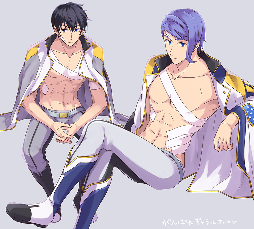 2boys, adonis_belt, bandage, bandage_on_face, black_hair, blue_eyes, ein_dalton, gaelio_bauduin