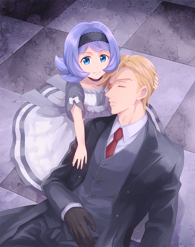 1boy, 1girl, almiria_bauduin, black_gloves, blonde_hair, blue_eyes, checkered, checkered_floor