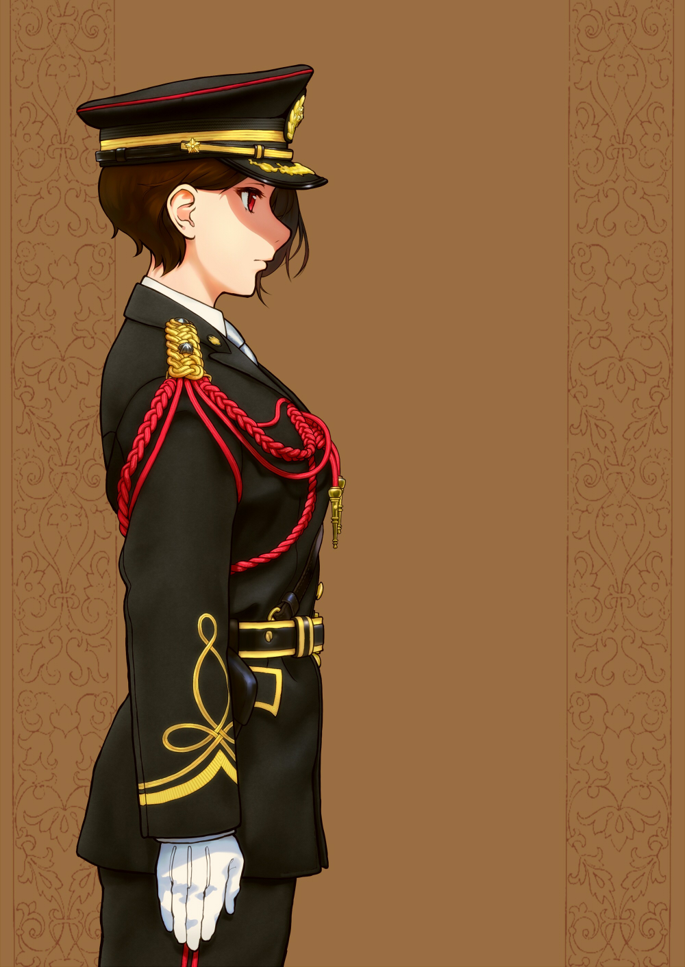 1girl, belt, brown_background, brown_hair, cowboy_shot, epaulettes, fourragere, from_side