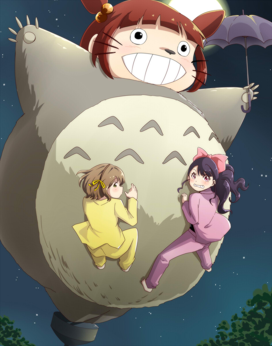3girls, brown_hair, clenched_teeth, flying, grin, hair_bobbles, hair_ornament, hair_ribbon