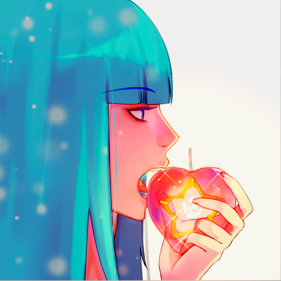 1girl, apple, bangs, blue_eyes, blue_hair, blunt_bangs, close-up, eyelashes, food, from_side, girl_(anime_expo), kami-sama_(girl), looking_away, open_mouth, persona92, profile, simple_background, solo, star, tongue, white_background