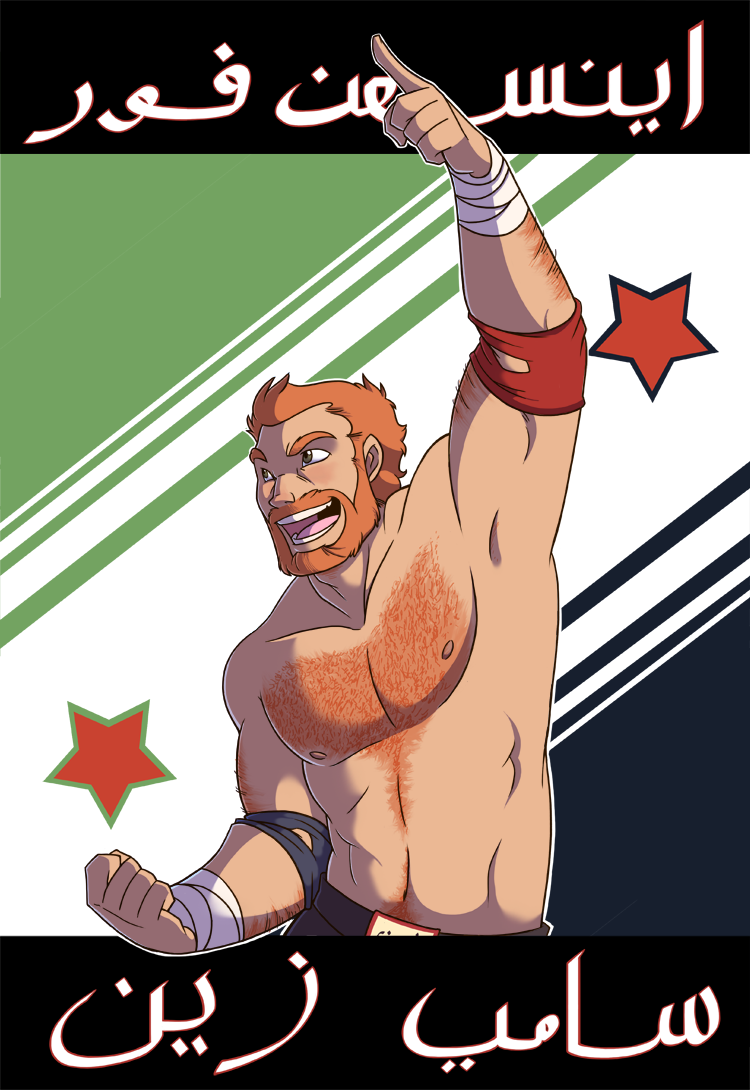 1boy, bandage, beard, brown_eyes, chest_hair, clenched_hand, elbow_pads, facial_hair