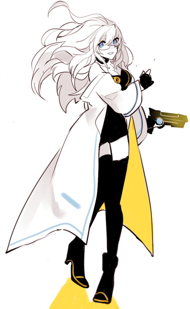 bare_shoulders, blue_eyes, boots, breasts, cleavage, coat, dress, elsword, fingerless_gloves, gloves, gun, handgun, high_heel_boots, high_heels, kio_(cua_tribal), long_hair, off_shoulder, rose_(elsword), short_dress, thigh-highs, weapon, zettai_ryouiki