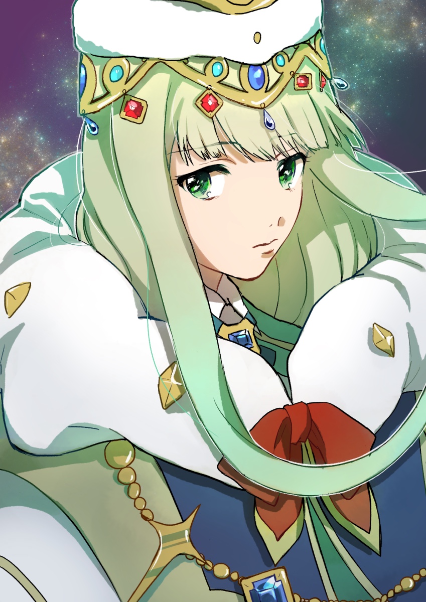 1boy, bangs, blunt_bangs, crown, damako713, gem, green_eyes, green_hair, heinz_nerich_windermere, highres, jewelry, long_hair, looking_at_viewer, macross, macross_delta, male_focus, solo, space, star, star_(sky), starry_background, upper_body, wind, wind_lift