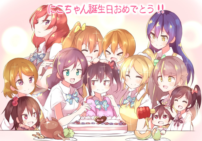 >:d, >_<, 1boy, 6+girls, :d, ^_^, ahoge, aqua_eyes