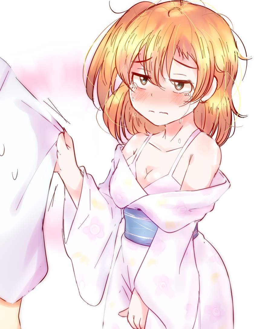 1girl, blue_eyes, blush, bra, crying, highres, japanese_clothes, kimono, kousaka_honoka, love_live!, love_live!_school_idol_project, messy_hair, off_shoulder, one_side_up, orange_hair, pink_bra, popii_(yuuta679), short_hair, sleeve_tug, solo_focus, tears, underwear, wavy_mouth, wide_sleeves, yukata
