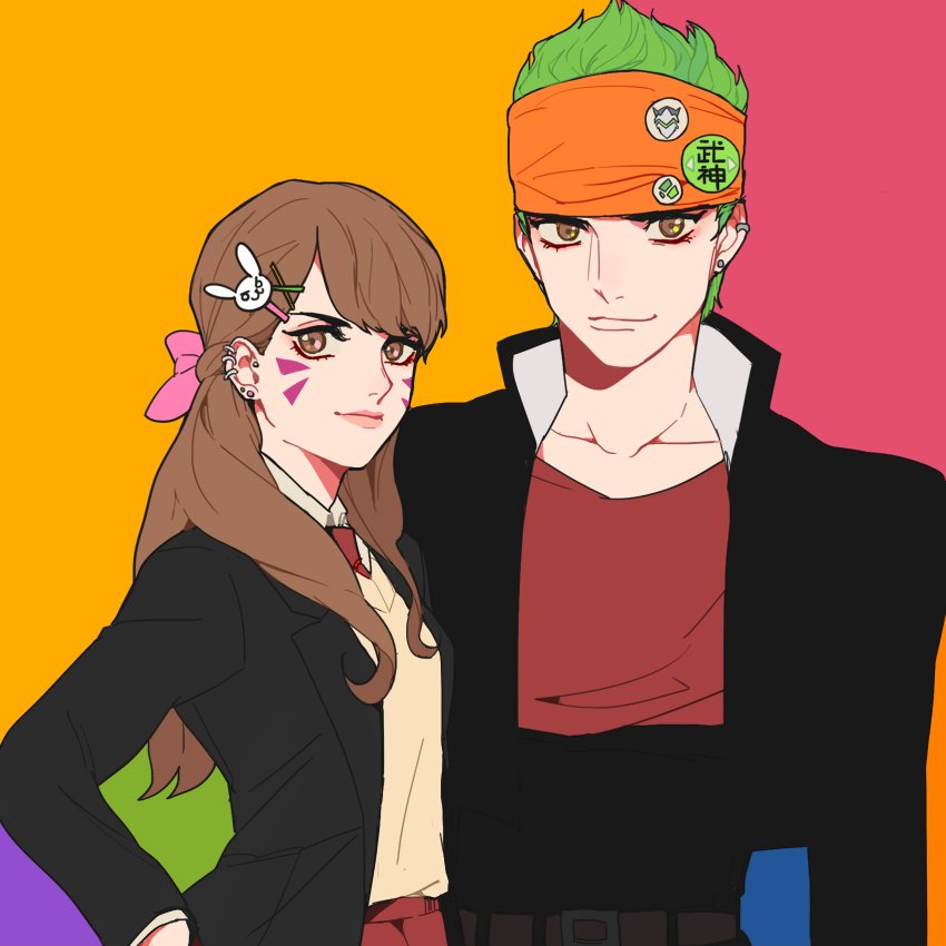 1boy, 1girl, badge, bangs, belt, black_jacket, blazer, bow