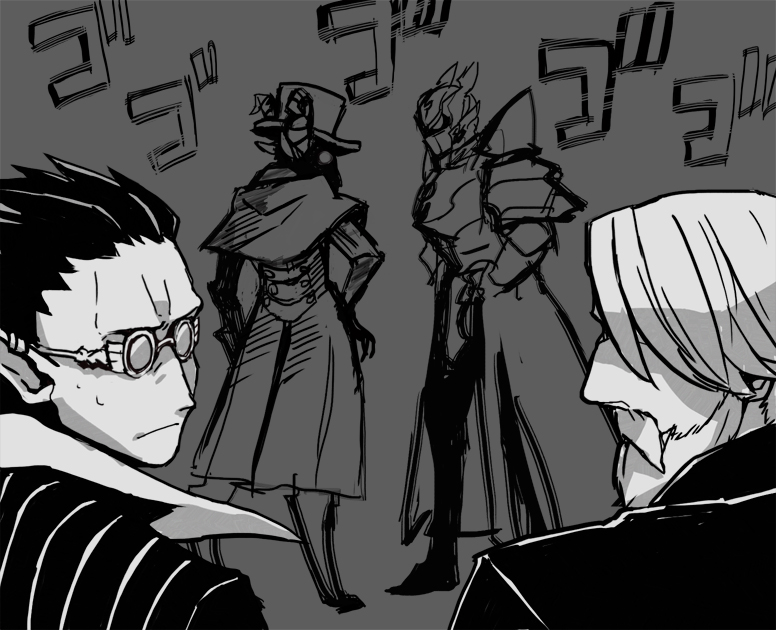 4boys, armor, artist_request, beard, black_hair, coat, demiurge, demon