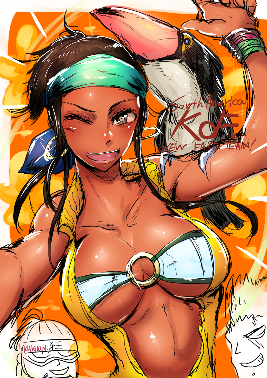 1girl, 2boys, bandeiras_hattori, bird, bracelet, brown_hair, coco_(kof), dark_skin