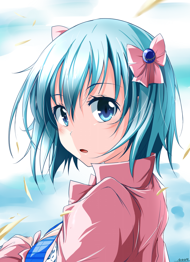 1girl, :o, aqua_hair, blue_eyes, bow, breasts, cleavage, close-up