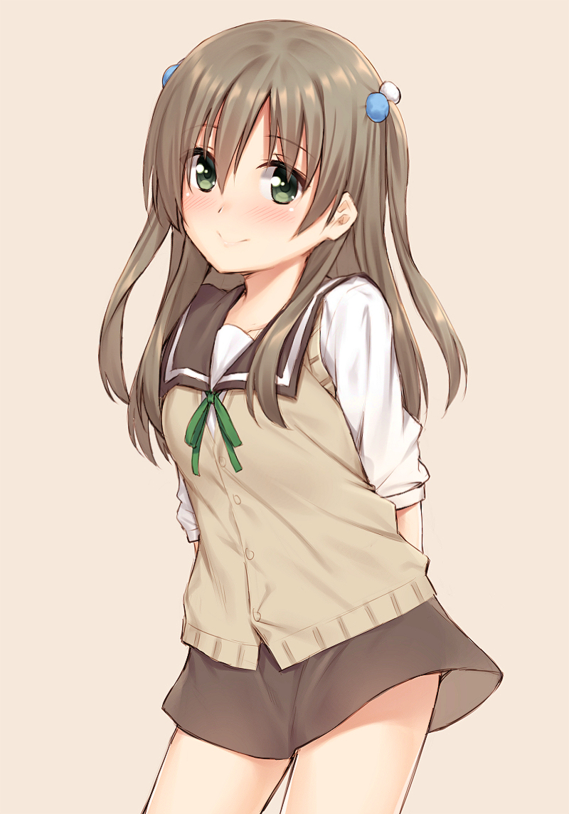 1girl, arms_behind_back, blush, brown_hair, cardigan_vest, cowboy_shot, green_eyes, long_hair