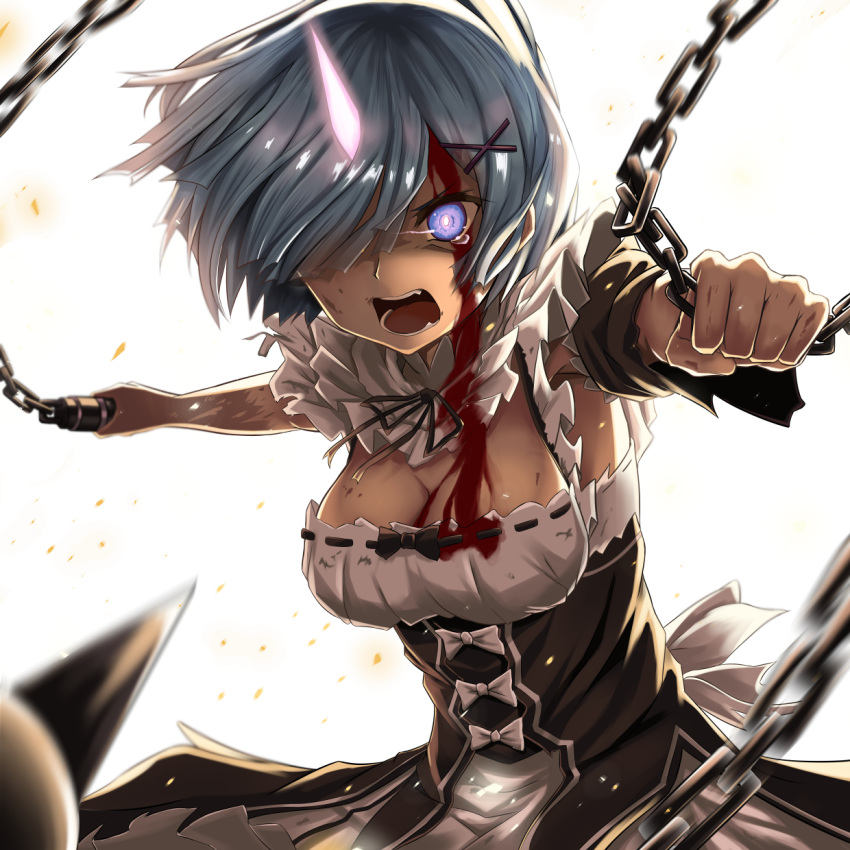 1girl, action, angry, ball_and_chain, black_bow, black_ribbon, blood, blood_on_face