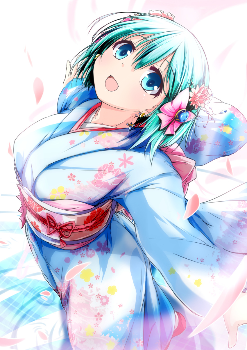 1girl, :d, aqua_eyes, aqua_hair, bow, breasts, divine_gate, flower