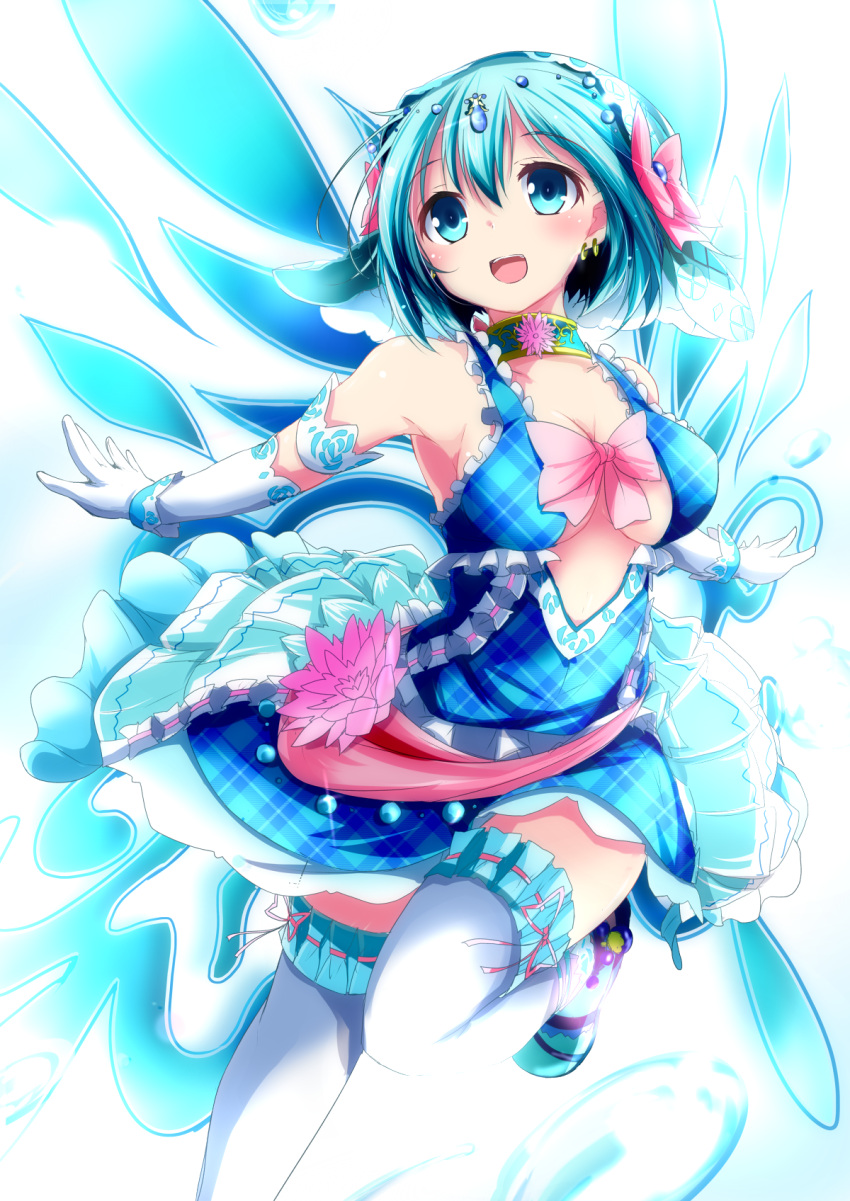 1girl, :d, aqua_eyes, aqua_hair, blush, bow, breasts, choker
