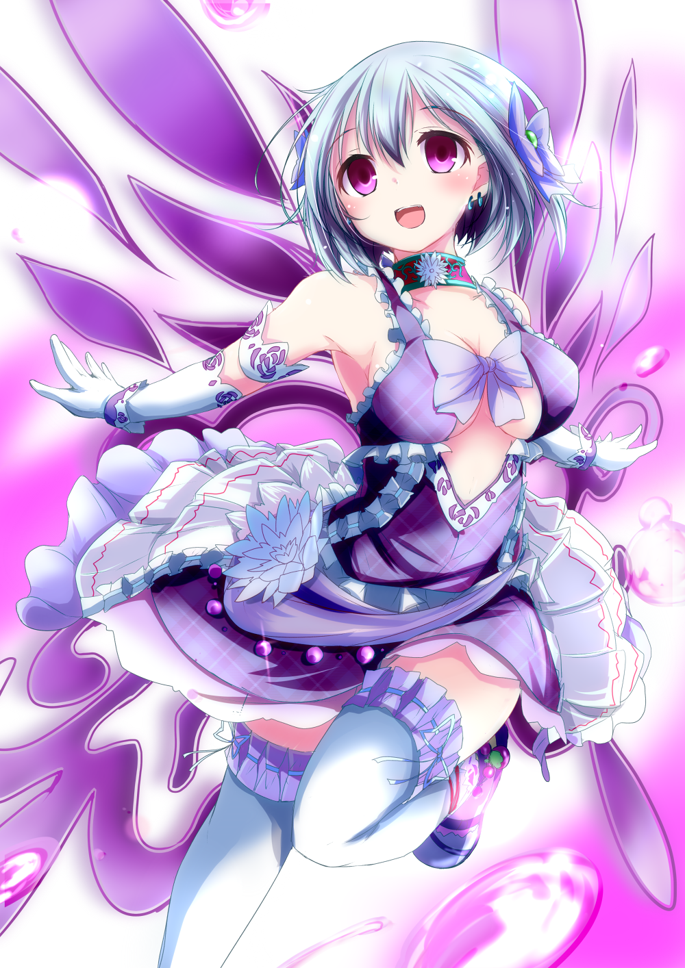 1girl, :d, blush, bow, breasts, choker, cleavage_cutout, divine_gate