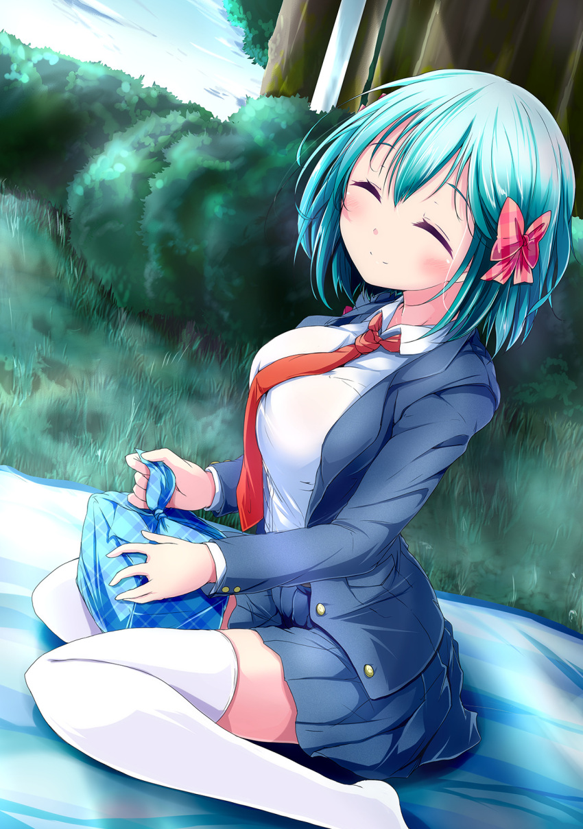 1girl, ^_^, aqua_hair, blush, bow, breasts, closed_eyes, divine_gate