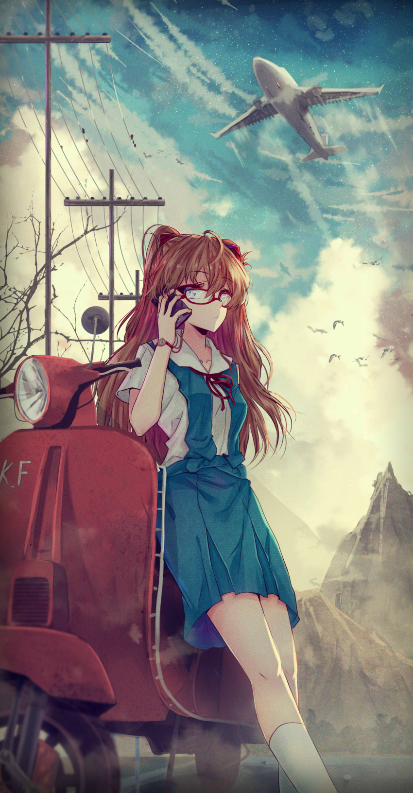1girl, absurdres, against_vehicle, aircraft, airplane, bangs, bird, blue_eyes, blue_skirt, cable, cellphone, clouds, collared_shirt, daikazoku63, duplicate, glasses, ground_vehicle, hair_ornament, highres, holding, holding_phone, kneehighs, leaning, leaning_back, long_hair, looking_at_viewer, making_of, motor_vehicle, mountain, neck_ribbon, neon_genesis_evangelion, orange_hair, outdoors, phone, power_lines, red-framed_eyewear, red_ribbon, ribbon, road, scooter, shirt, short_sleeves, skirt, sky, solo, souryuu_asuka_langley, standing, telephone_pole, tree, vehicle, vespa, watch, watch, white_legwear
