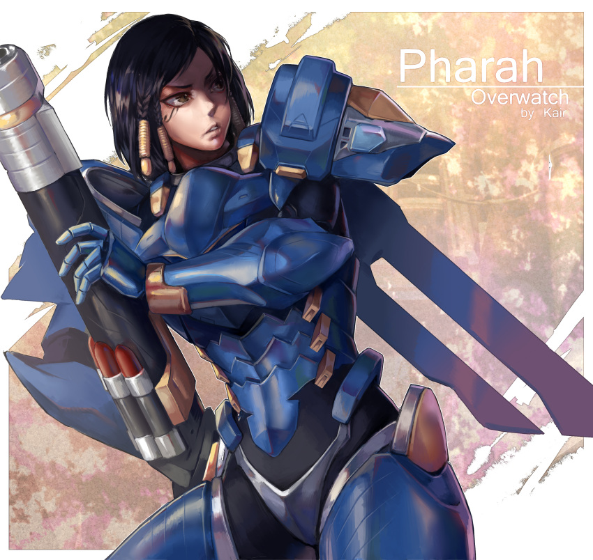 1girl, absurdres, armor, artist_name, bangs, bodysuit, braid, brown_eyes