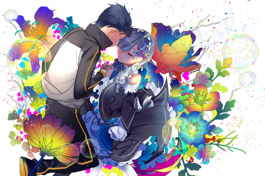 1boy, 1girl, black_hair, blue_hair, closed_eyes, detached_sleeves, flower, forehead-to-forehead