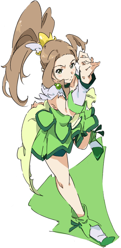 1girl, arm_warmers, brown_hair, commentary_request, cosplay, crossover, cure_march, cure_march_(cosplay)