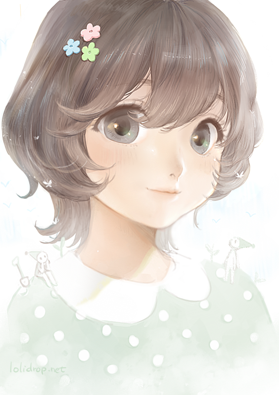 1girl, artist_name, brown_hair, closed_mouth, flower, green_shirt, grey_eyes, hair_between_eyes