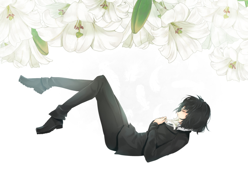 1girl, black_clothes, black_hair, black_shoes, chain_sumeragi, closed_eyes, flower, formal