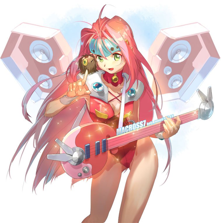 1girl, 90s, alien, bare_legs, bass_guitar, breasts, collar, forehead_protector