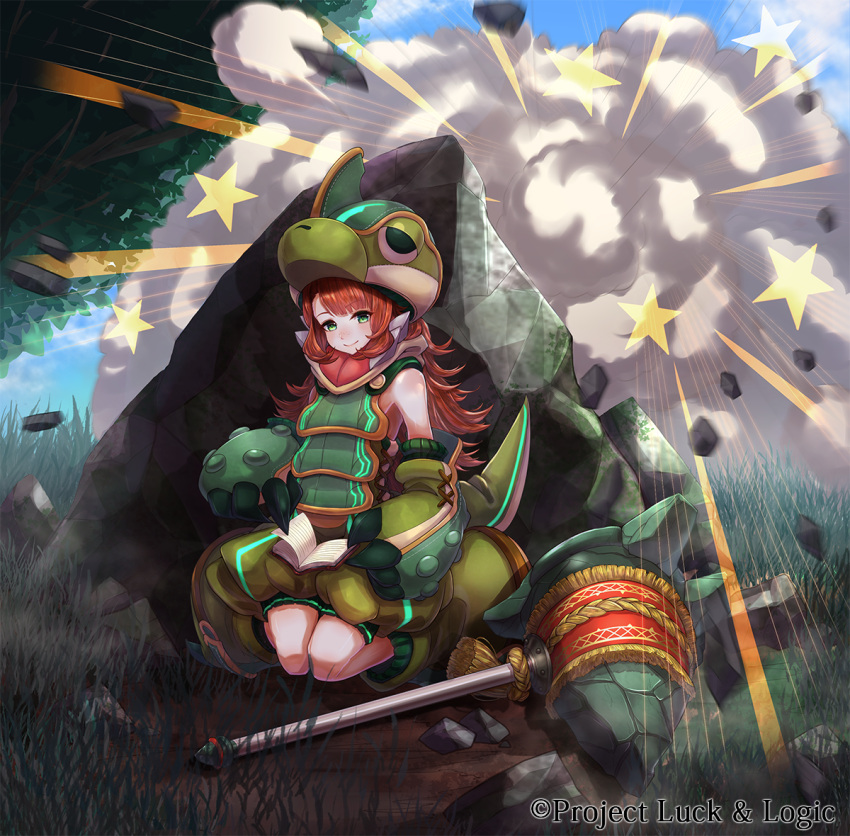1girl, animal_hat, ashley_bradbury, blue_sky, boulder, brown_hair, copyright_name, fight_cloud