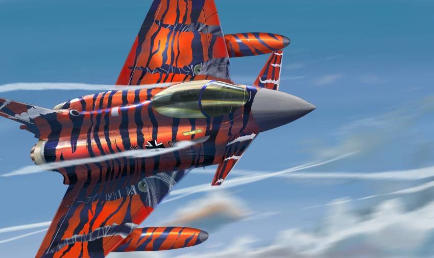 aircraft, airplane, camouflage, canards, canopy, clouds, cockpit, condensation_trail
