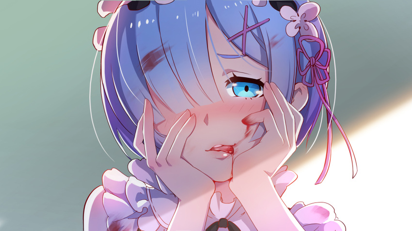 1girl, blood, blood_on_face, bloody_clothes, bloody_hair, bloody_hands, blue_eyes, blue_hair