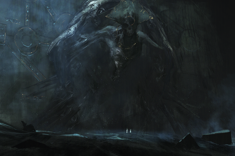 creature, dark, horns, no_humans, ochurucchuru, original, ruins, scenery