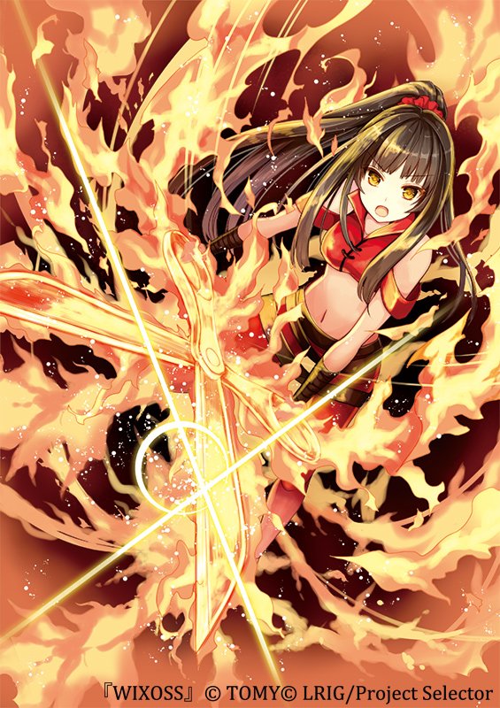 >:o, 1girl, :o, bare_shoulders, black_hair, copyright_name, crop_top, fire