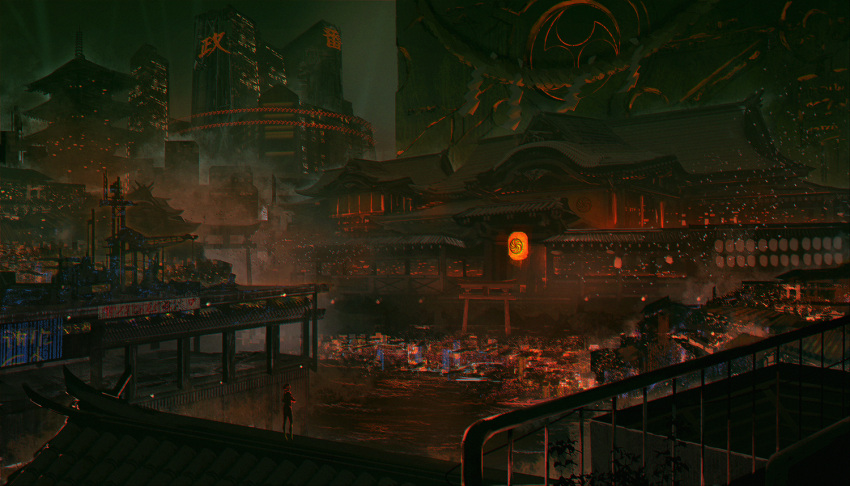 architecture, building, city, confetti, crane, dark, east_asian_architecture, lantern