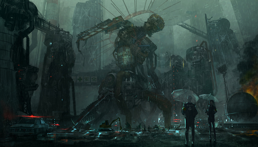 1girl, building, car, cyberpunk, dark, excavator, fire, ground_vehicle, hand_in_pocket, hand_on_hip, holding, holding_umbrella, mecha, motor_vehicle, multiple_boys, ochurucchuru, original, outdoors, people, police_car, rain, realistic, robot, science_fiction, smoke, standing, transparent_umbrella, umbrella, wreckage